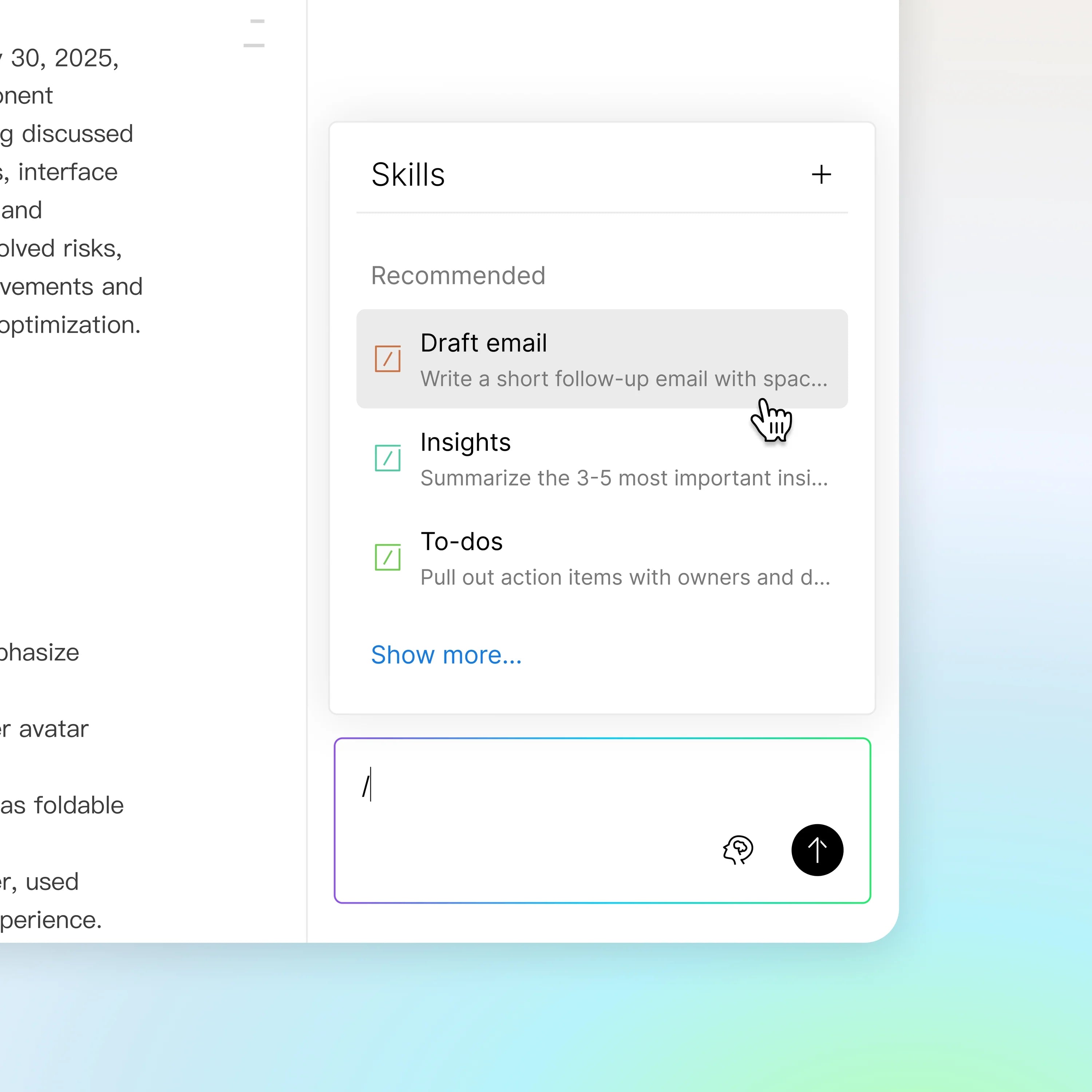 Plaud App interface showing AI Skills menu with options to draft emails, generate insights, and create to-dos.