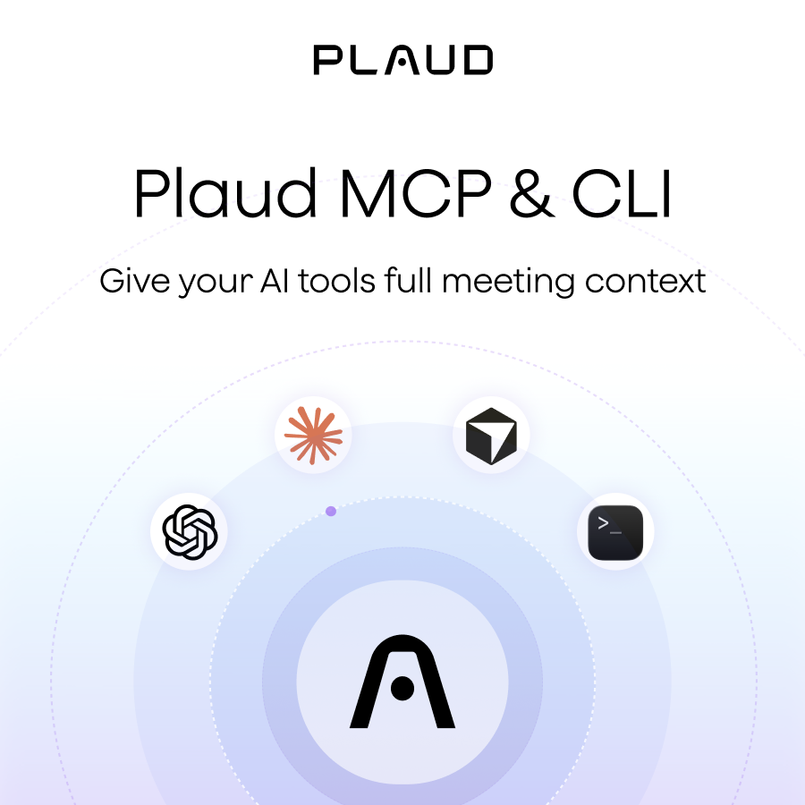 Plaud MCP & CLI announcement states "Give your AI tools full meeting context" above icons for OpenAI, Anthropic, and a command line interface.