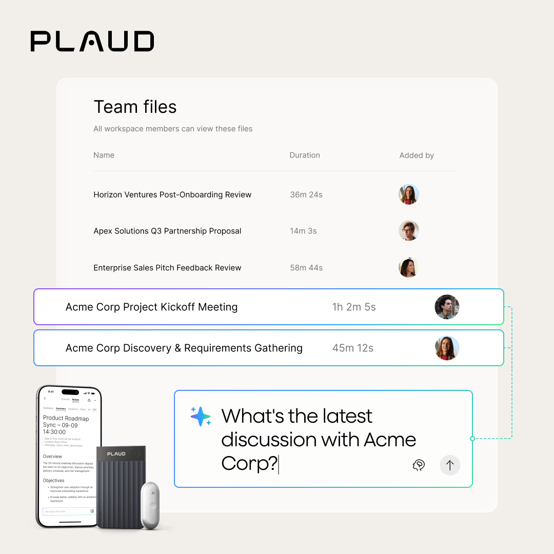 The Plaud Web interface shows a list of team meeting files and an AI query about Acme Corp, pictured with a Plaud Note Pro, a Plaud NotePin, and a smartphone.