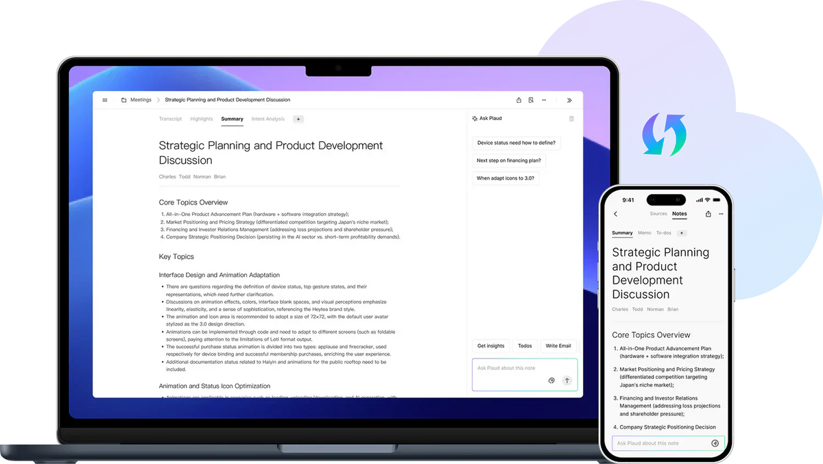 Plaud App on laptop and smartphone showing meeting summaries and AI chat for cross-device productivity.