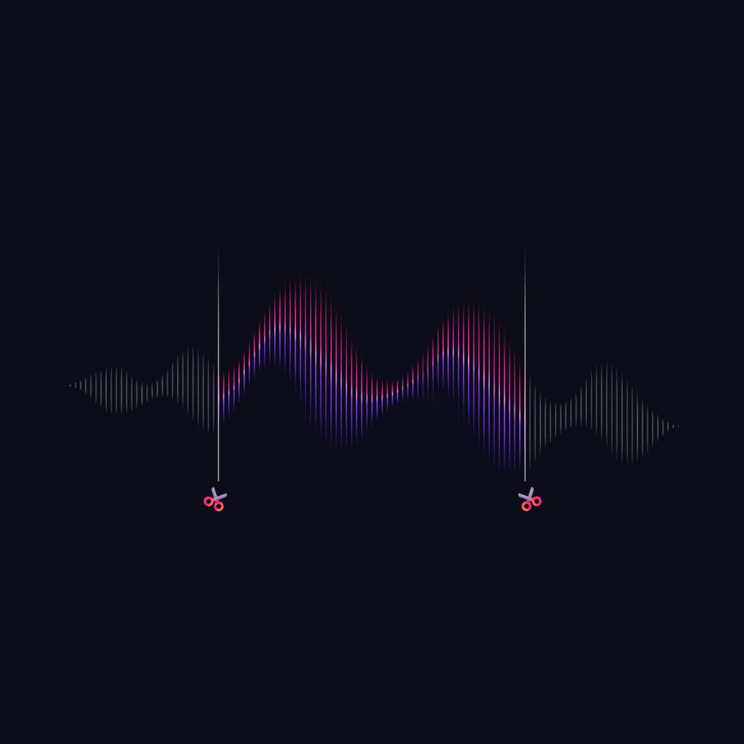 Colorful audio waveform with scissor icons illustrating the trim feature for voice recordings.