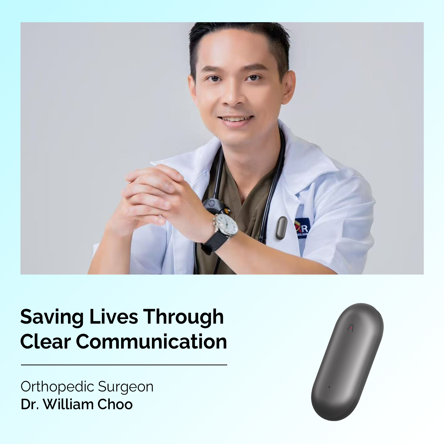 Orthopedic Surgeon Dr. William Choo wearing a grey Plaud NotePin on his lab coat for clear communication.