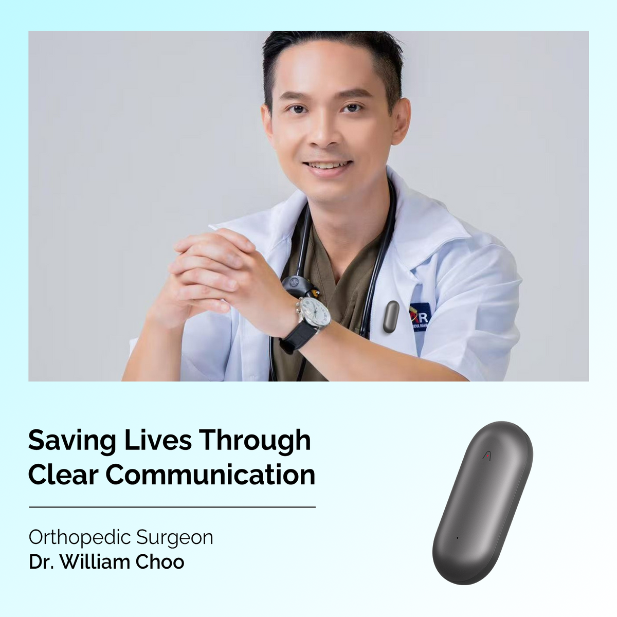 Orthopedic Surgeon Dr. William Choo wearing a grey Plaud NotePin on his lab coat for clear communication.