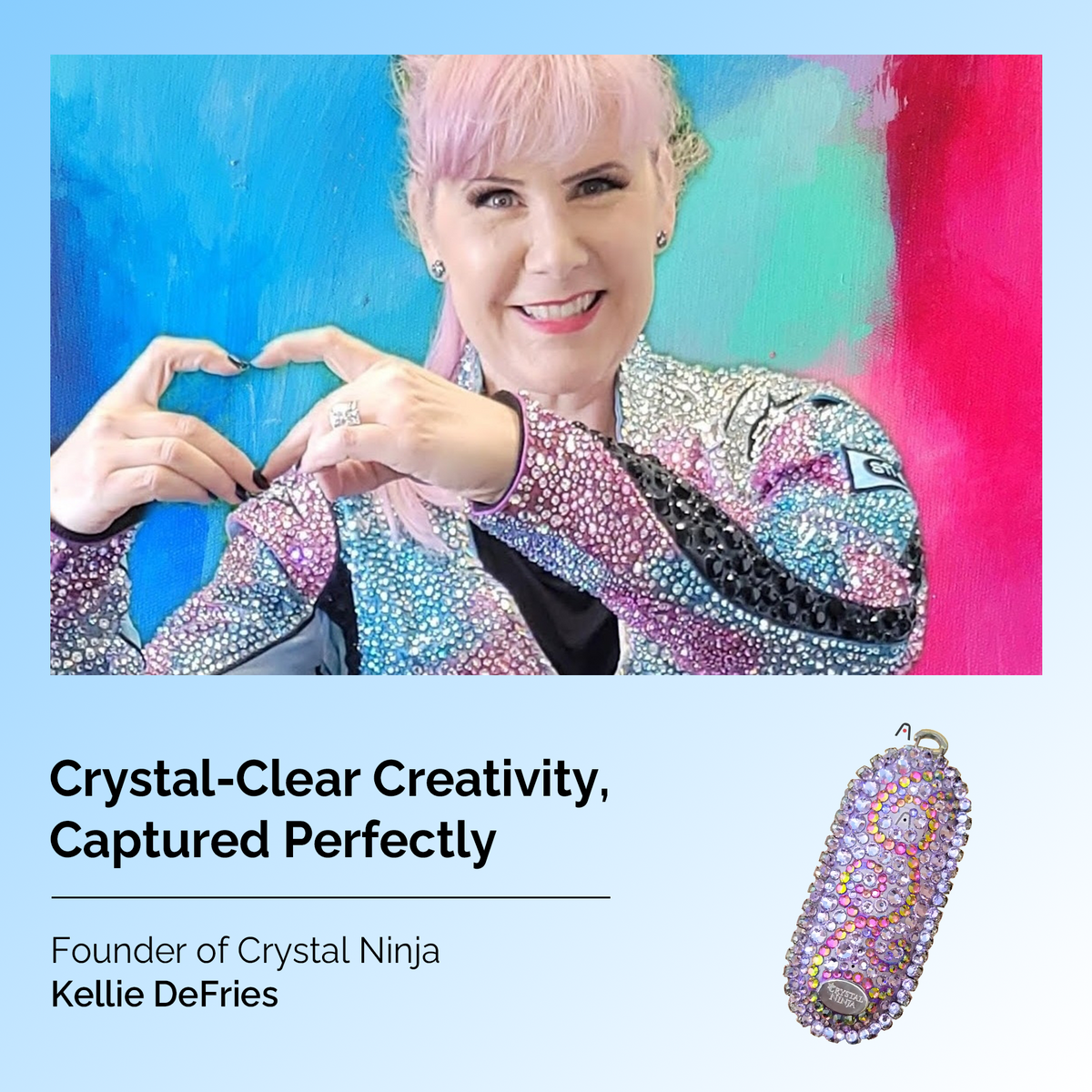 Kellie DeFries with a purple crystal-encrusted Plaud NotePin. Text: Crystal-Clear Creativity, Captured Perfectly.