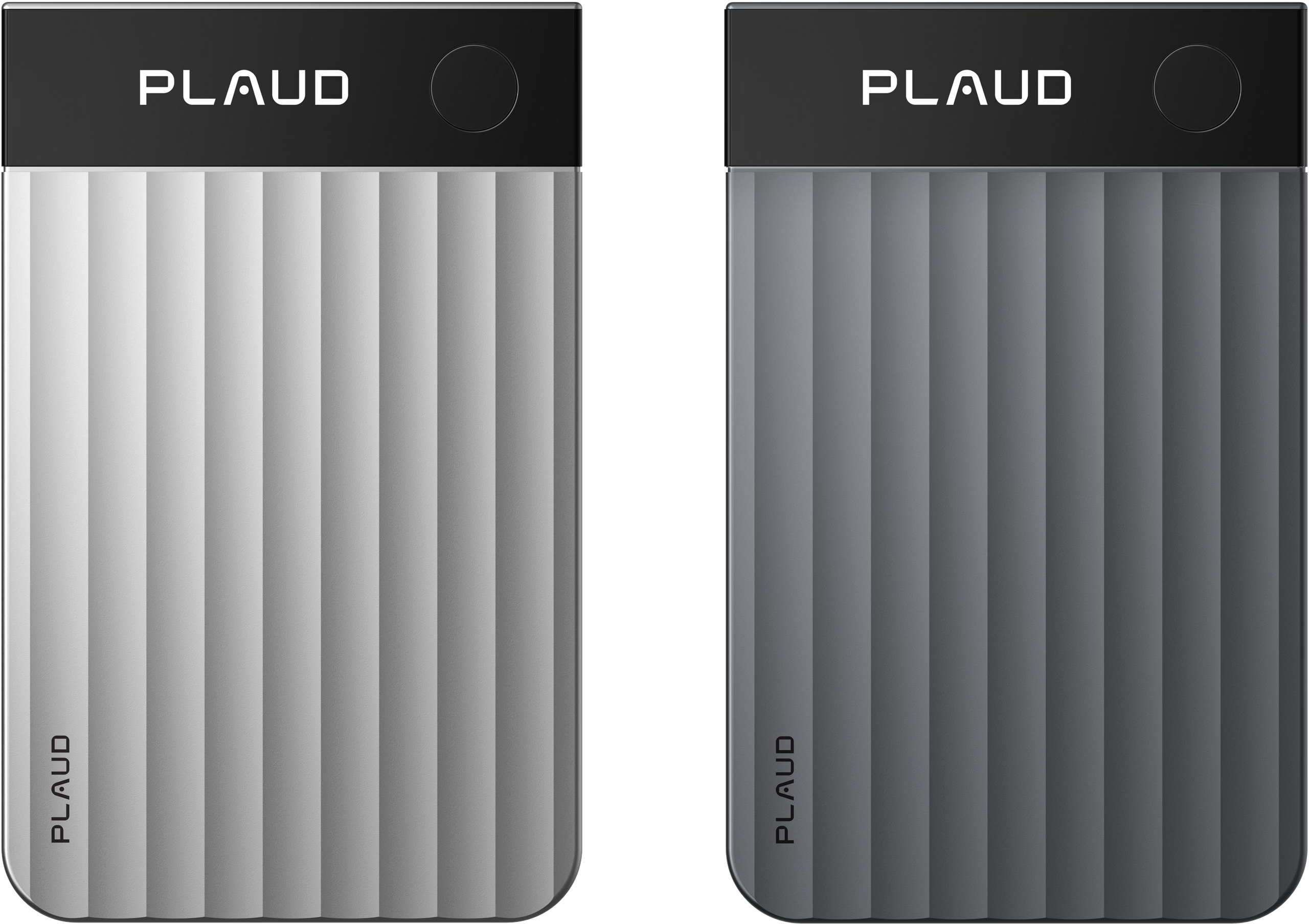 Silver and black Plaud Note Pro AI voice recorders with a ribbed vertical-striped body and top display screen.