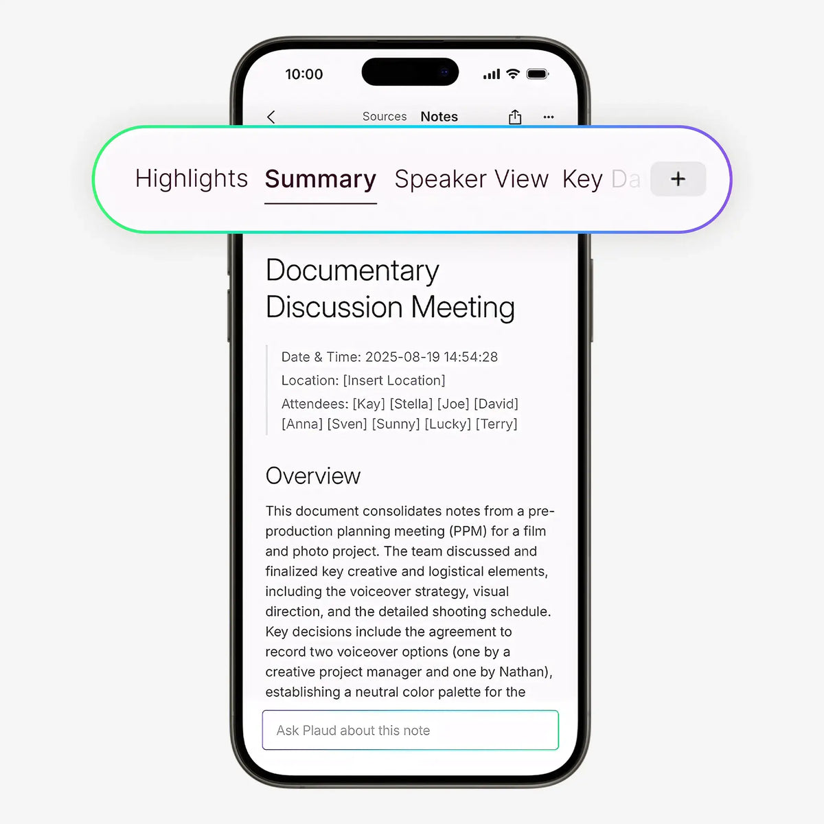 Plaud App on a smartphone showing a meeting summary, overview, and navigation for highlights and speaker view.