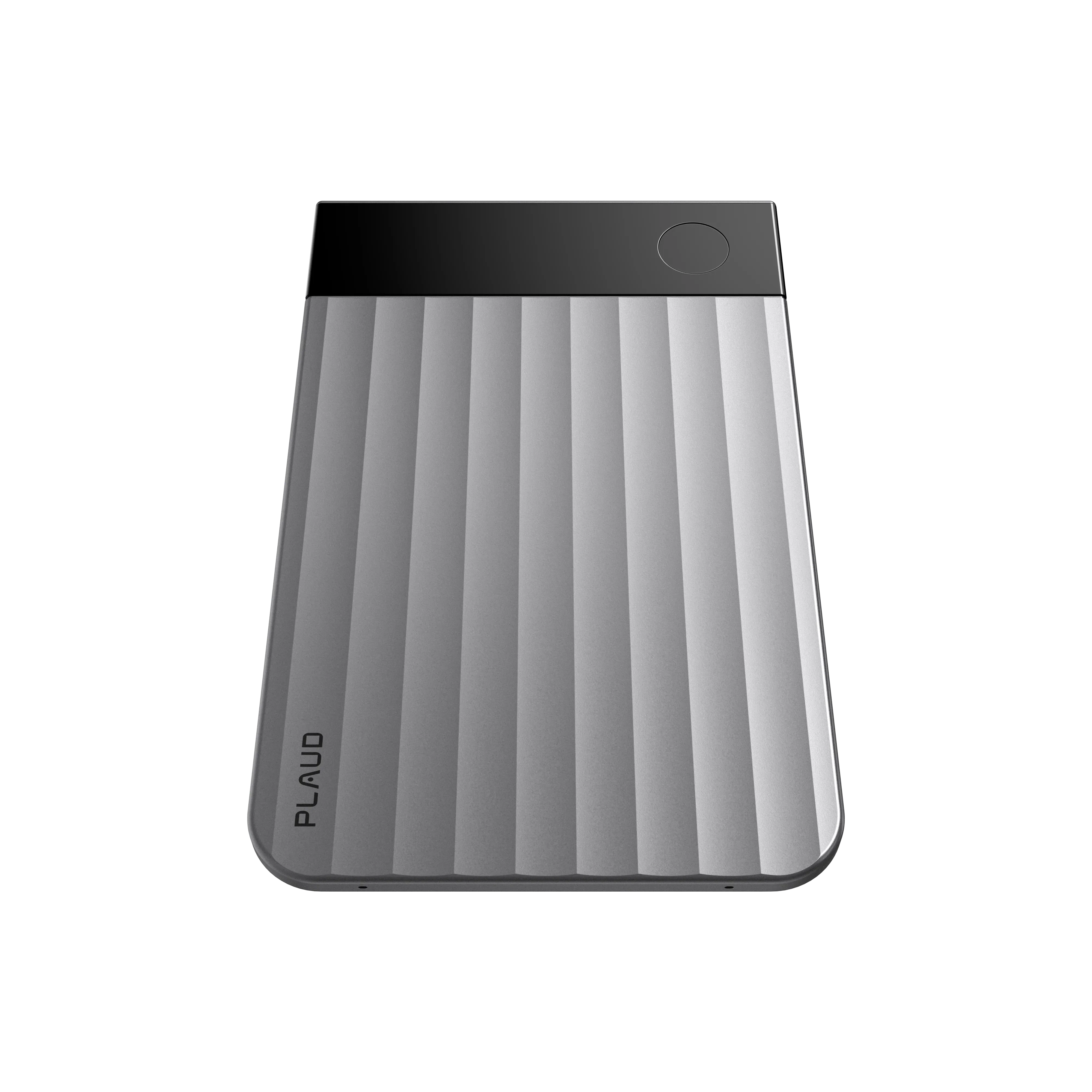 Plaud Note Pro gray AI voice recorder with metallic ribbed design featuring one-touch recording for meetings, calls and lectures