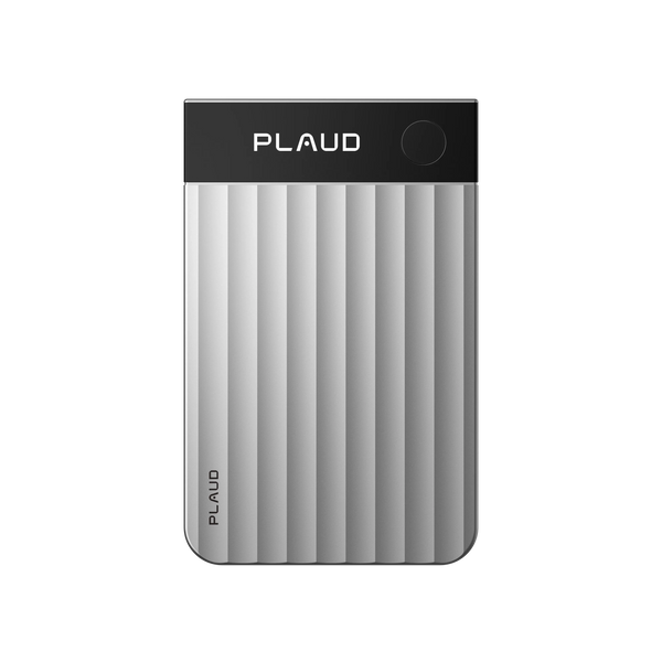 Sleek Plaud Note Pro AI voice recorder with ribbed gray design for capturing meetings, lectures, and phone calls