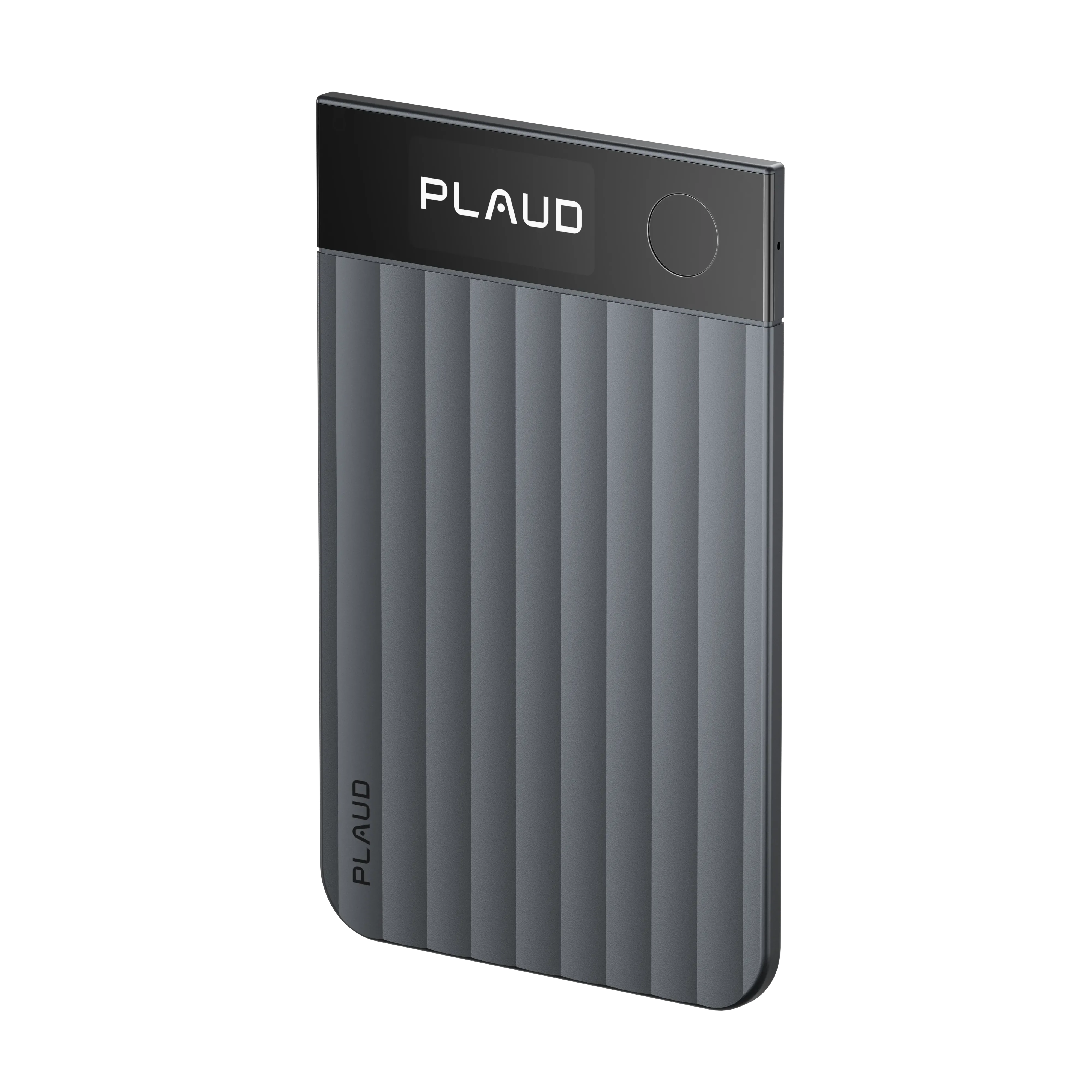 Plaud Note Pro AI voice recorder with ribbed gray design for capturing meetings and phone calls