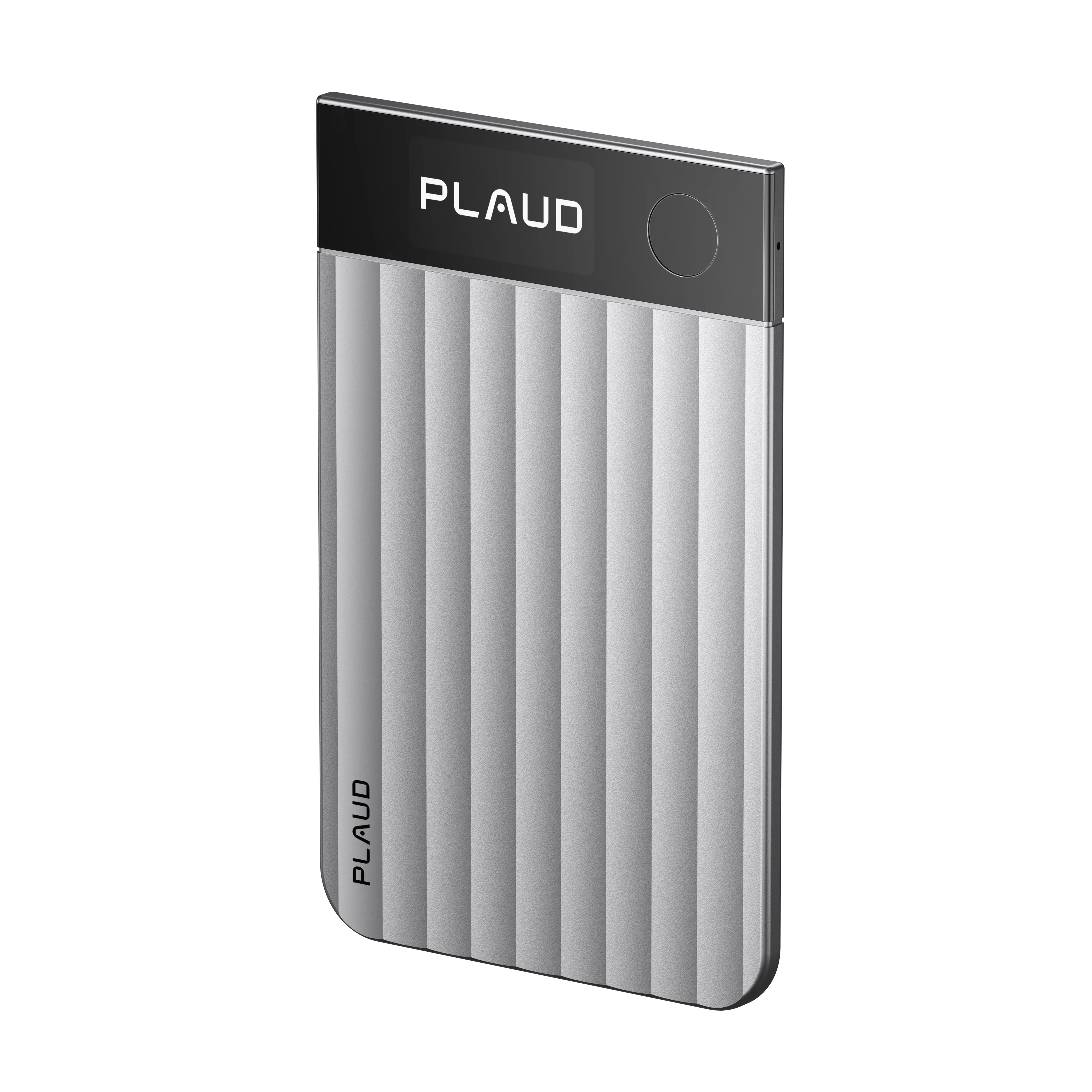 Sleek silver Plaud Note Pro AI voice recorder with ribbed design featuring integrated meeting transcription and call recording capabilities