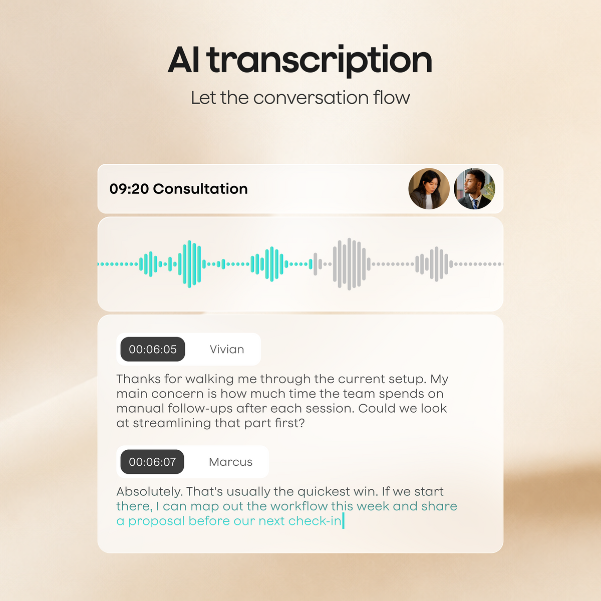 An AI transcription interface displays a consultation recording with a teal waveform and a transcript between speakers Vivian and Marcus.
