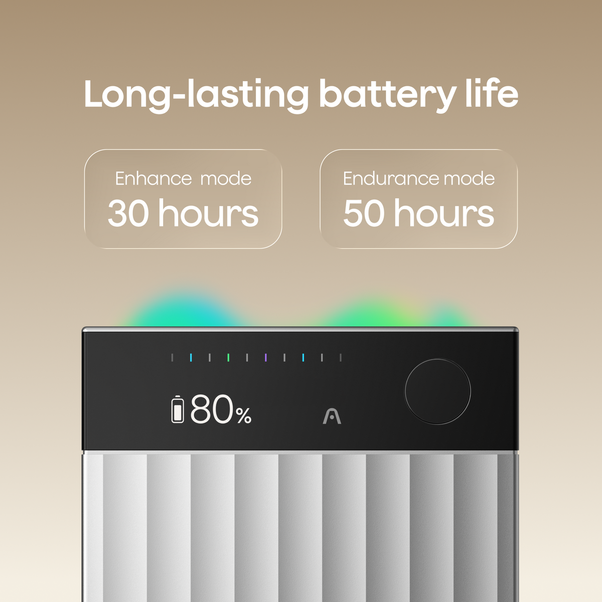 The Plaud Note Pro shows 80% battery on its black display, highlighting 30 hours of Enhance mode and 50 hours of Endurance mode.