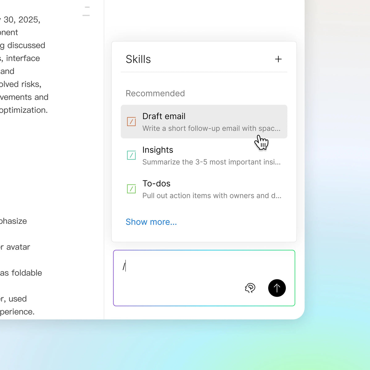Plaud App interface showing AI Skills menu with options to draft emails, generate insights, and create to-dos.