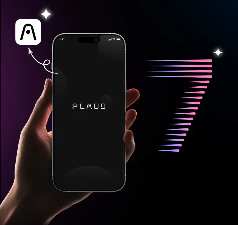 Hand holding a smartphone displaying the Plaud App logo next to a stylized number 7 and the Claude AI icon.