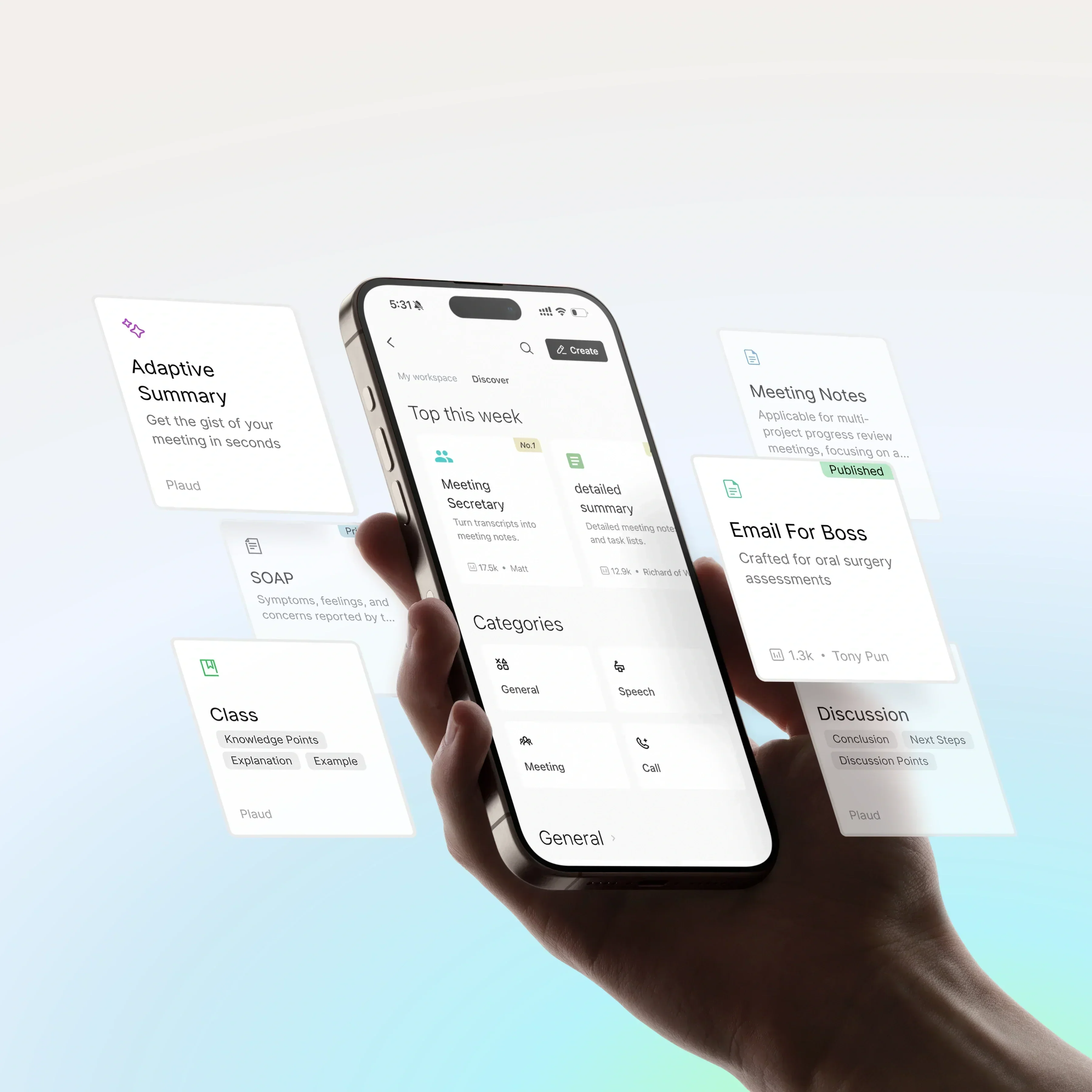 Plaud App on a smartphone displaying AI note-taking templates like Adaptive Summary, Meeting Notes, and Class notes.