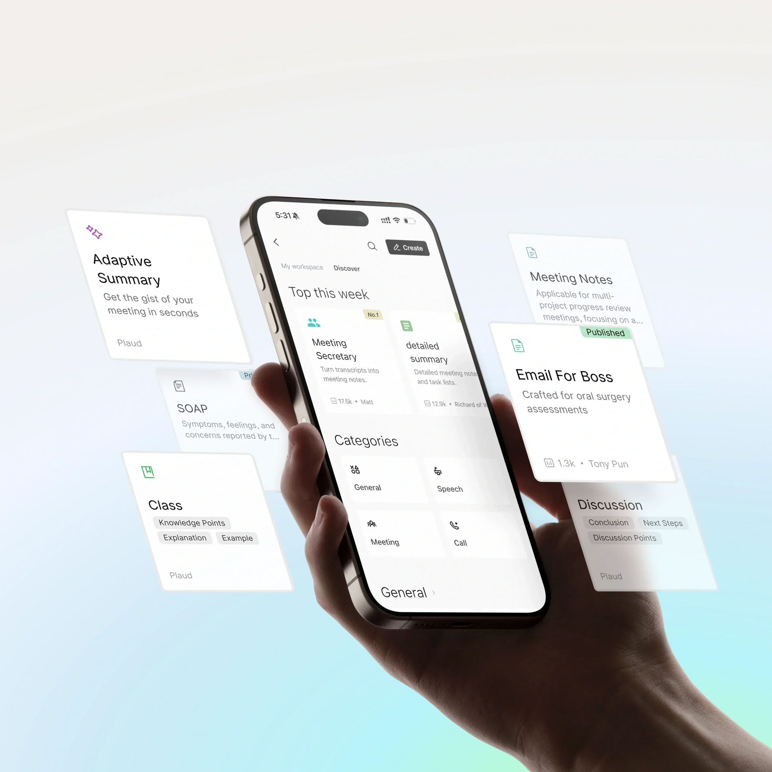 Plaud App on a smartphone displaying AI note-taking templates like Adaptive Summary, Meeting Notes, and Class notes.