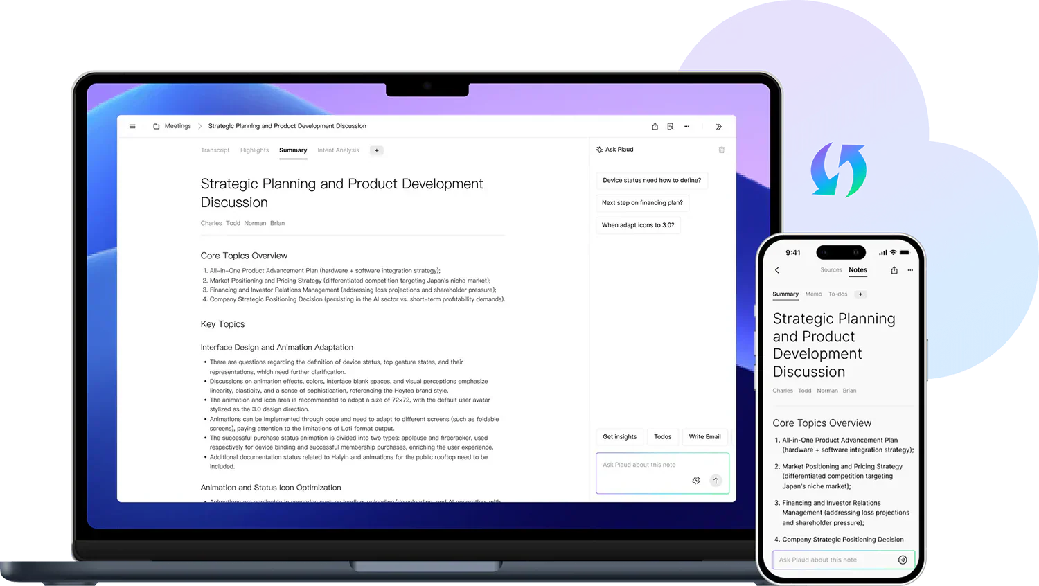Plaud App on laptop and smartphone showing meeting summaries and AI chat for cross-device productivity.