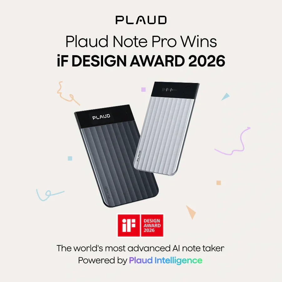 Black and silver Plaud Note Pro recorders celebrate winning the iF DESIGN AWARD 2026.