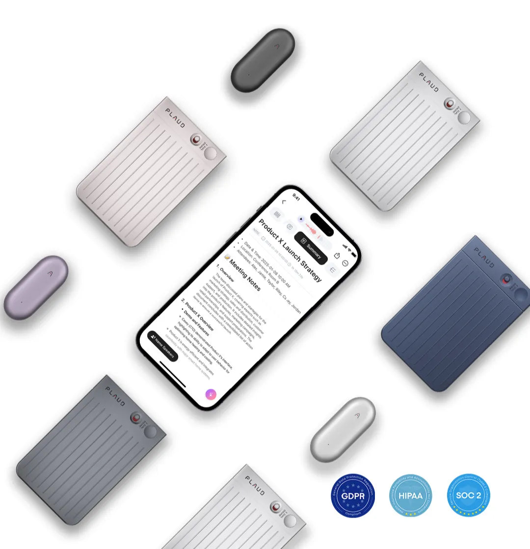 Plaud Note Pro and Plaud NotePin devices with the Plaud App and GDPR, HIPAA, and SOC 2 compliance badges.
