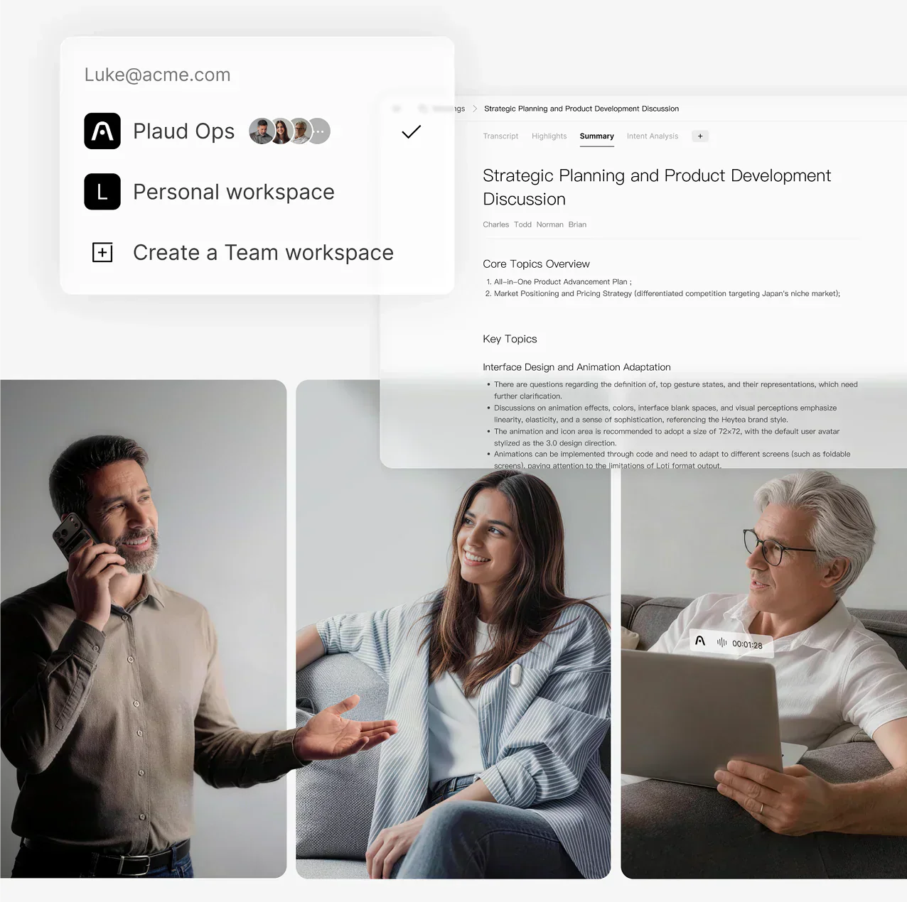 Professionals using Plaud Note and Plaud NotePin with Plaud App UI for team workspaces and AI meeting summaries.