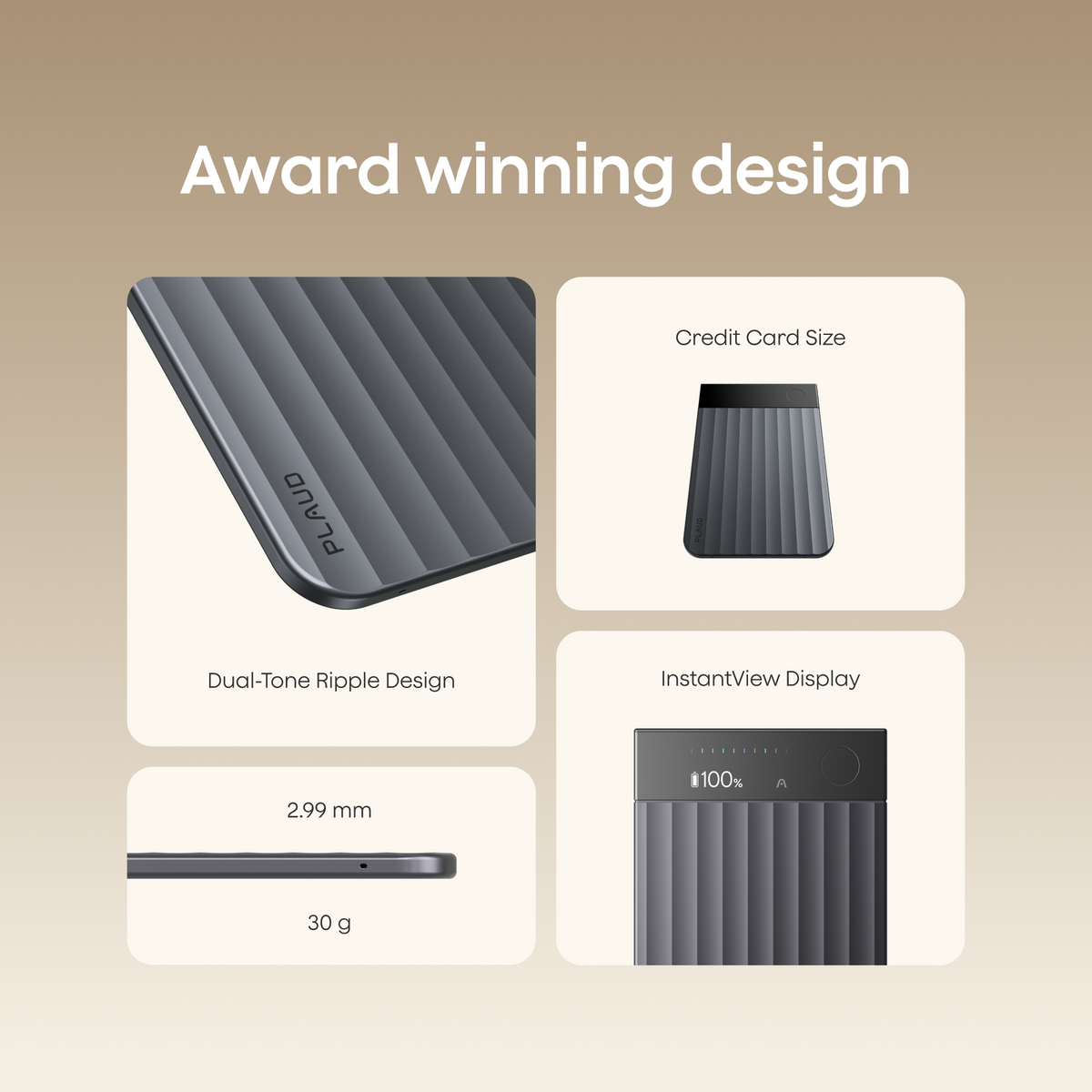 The dark gray Plaud Note Pro features an award-winning dual-tone ripple design, a 2.99 mm thin credit card size, and an InstantView display.