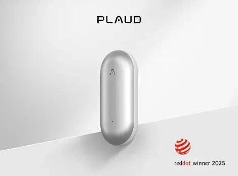 Silver Plaud NotePin wearable AI voice recorder, Red Dot Winner 2025.