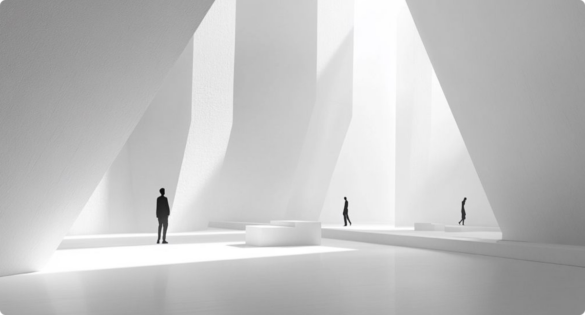 Minimalist white architectural space with human silhouettes.