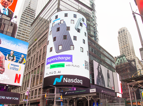 A large Nasdaq billboard in Times Square displays the Plaud Note Pro and Plaud NotePin AI voice recorders.