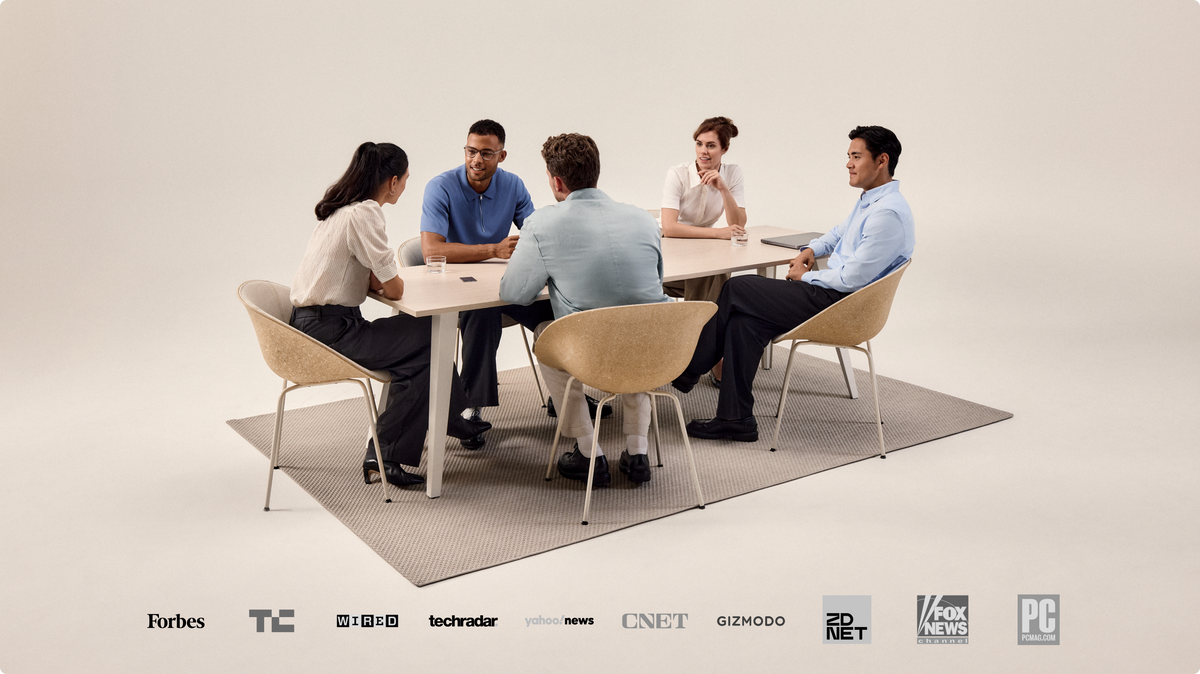 Five people in a meeting using a black Plaud Note Pro, with media logos including Forbes, Wired, and CNET at the bottom.