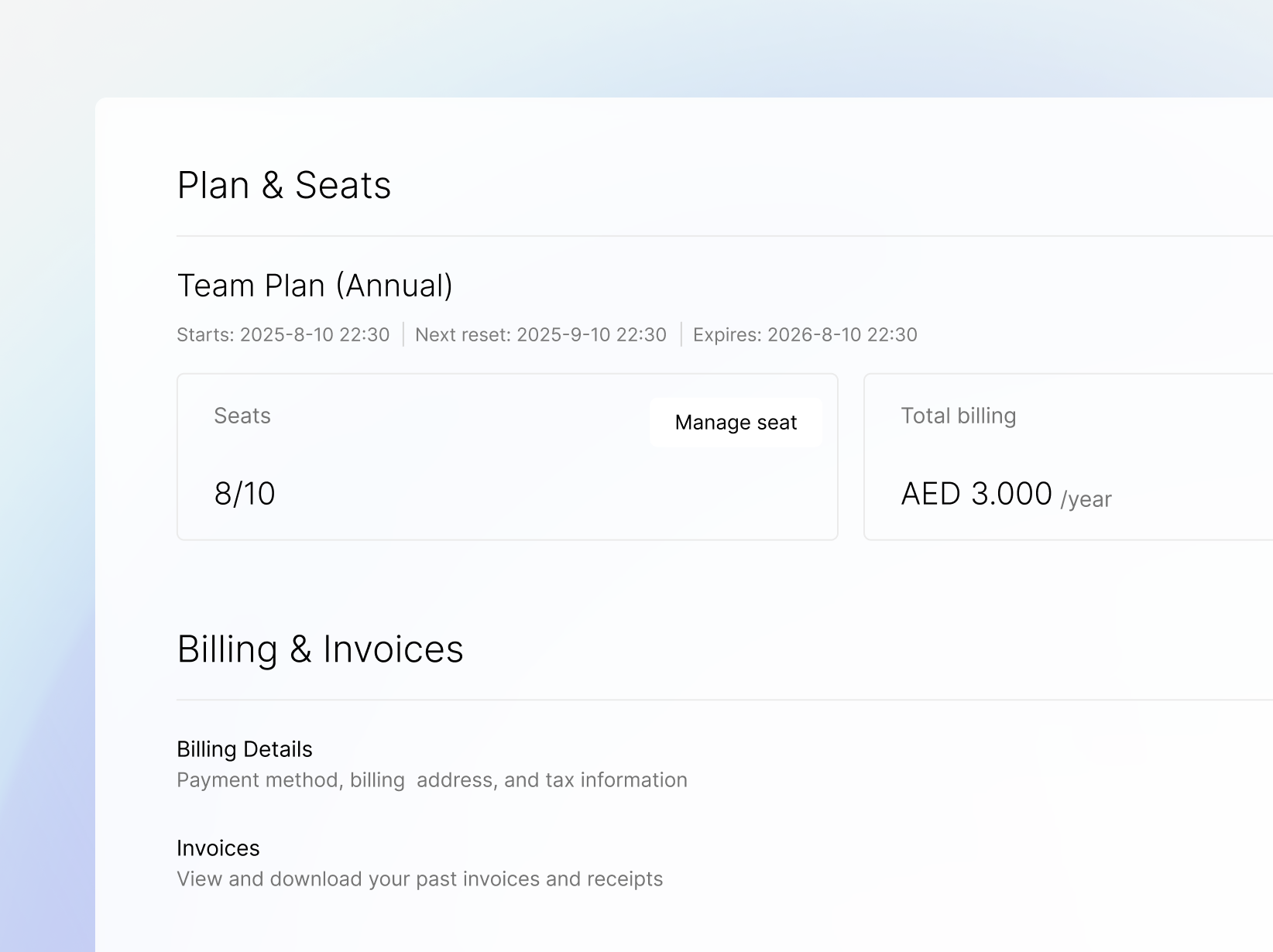 Plaud Web dashboard showing Team Plan details, 8/10 seats used, and billing information in AED.