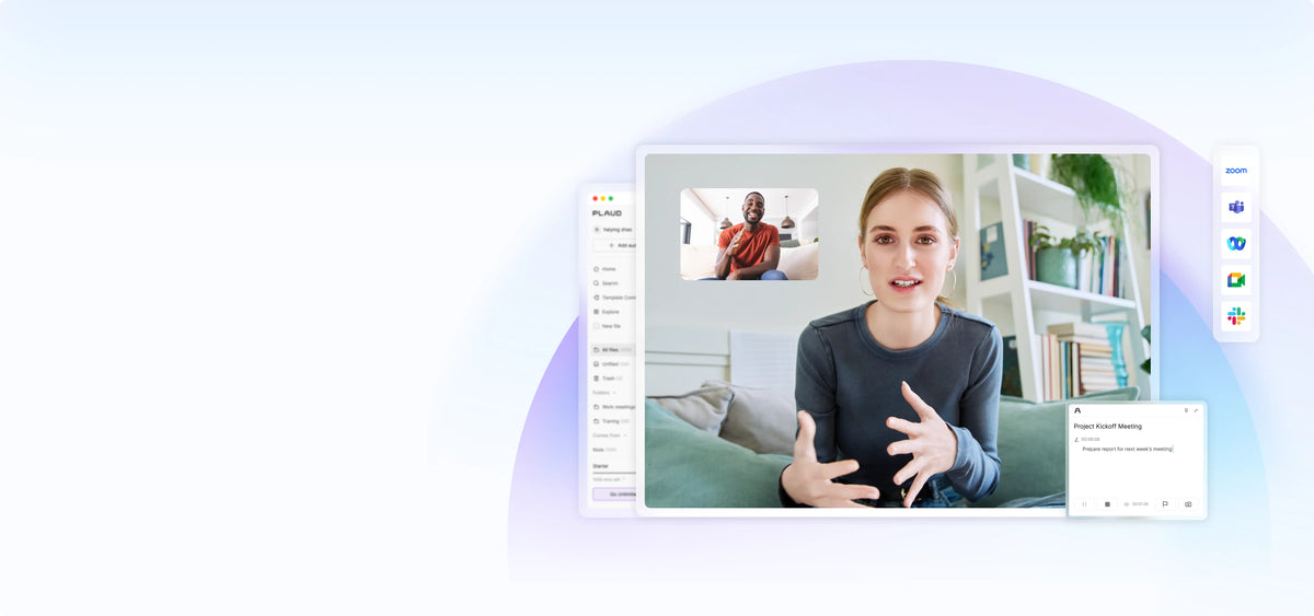 Plaud Web interface recording a video meeting with real-time transcription and integration icons.