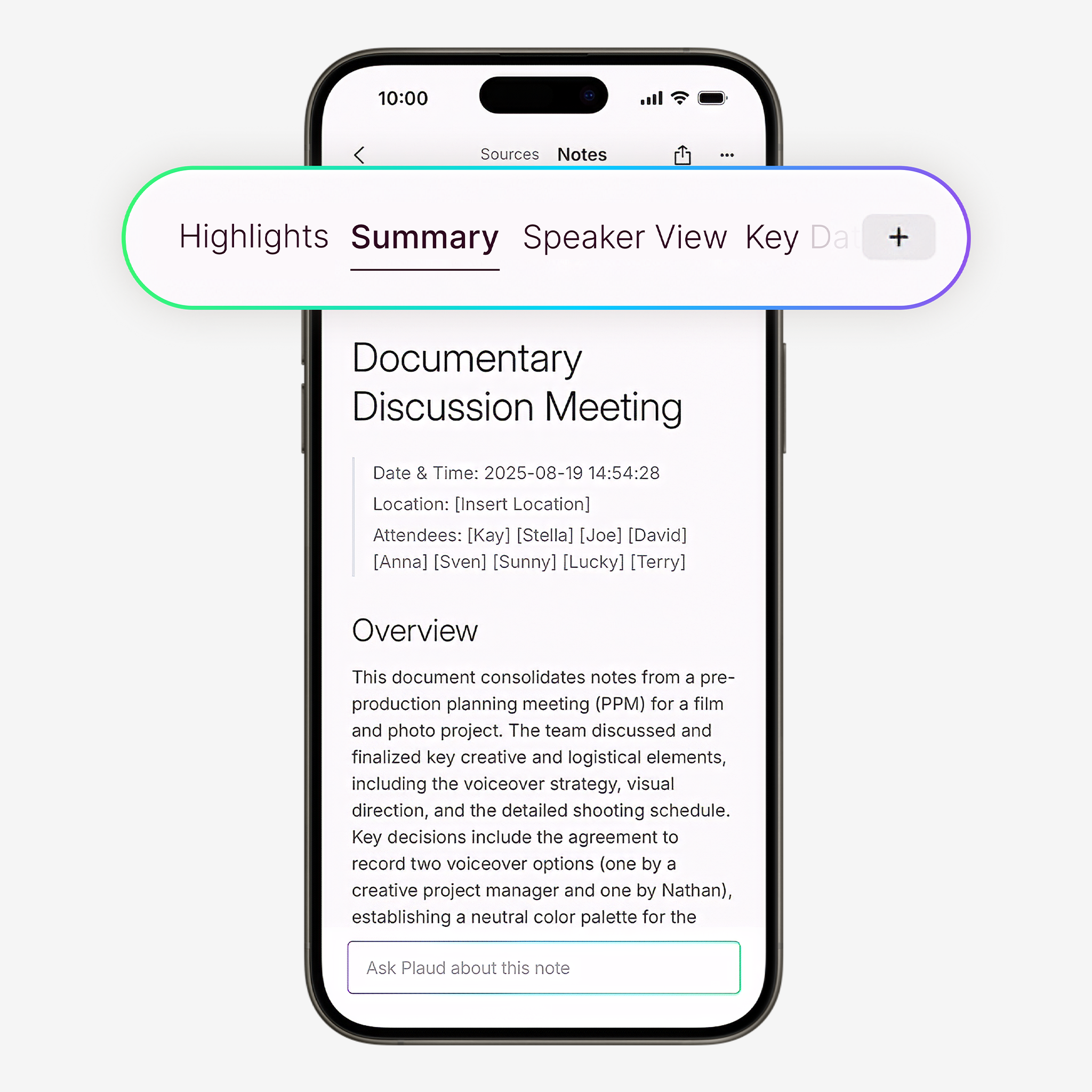 Plaud App showing a meeting summary, overview, and Ask Plaud chat box on a smartphone screen.