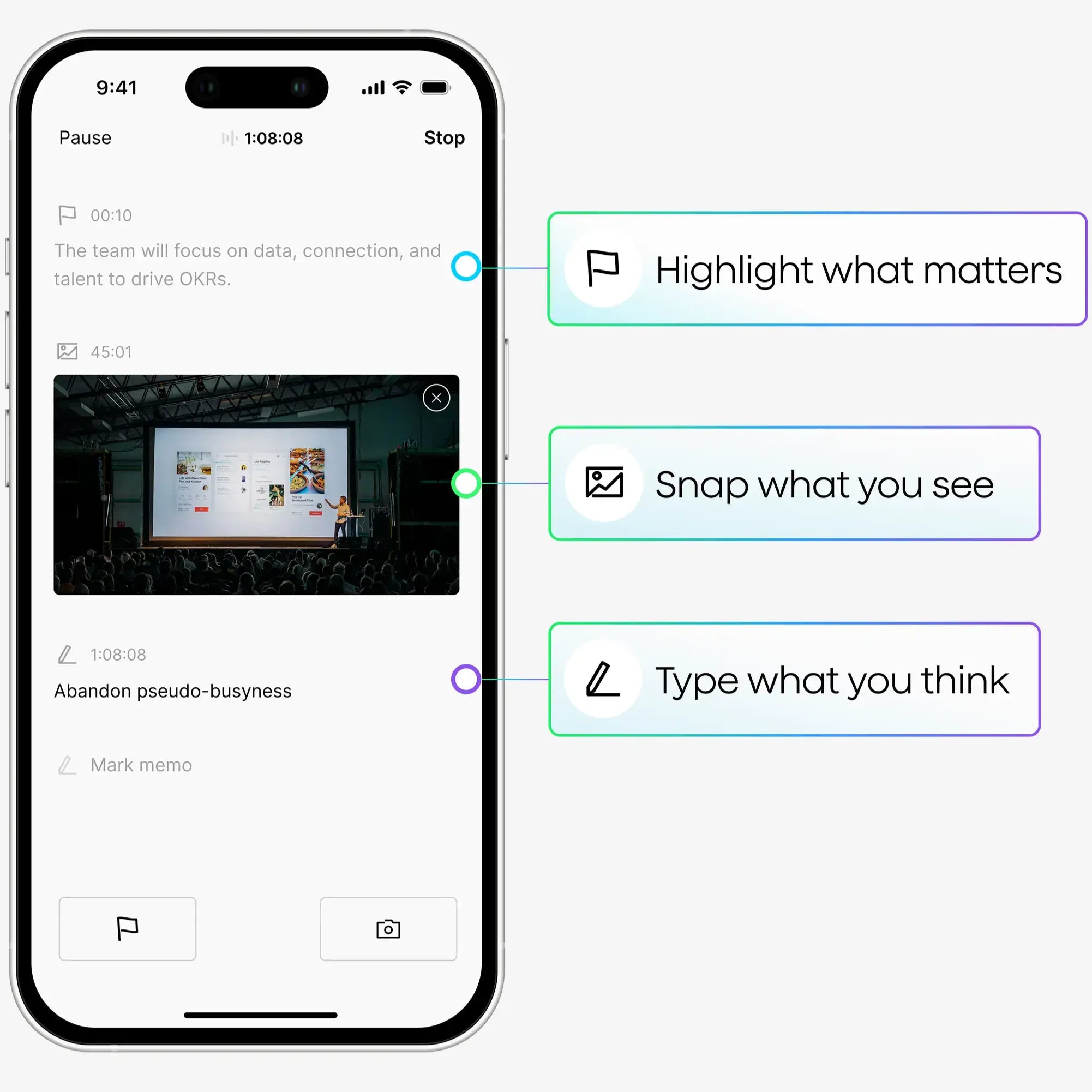 Plaud App interface showing features to highlight text, add photos, and type notes during a recording.
