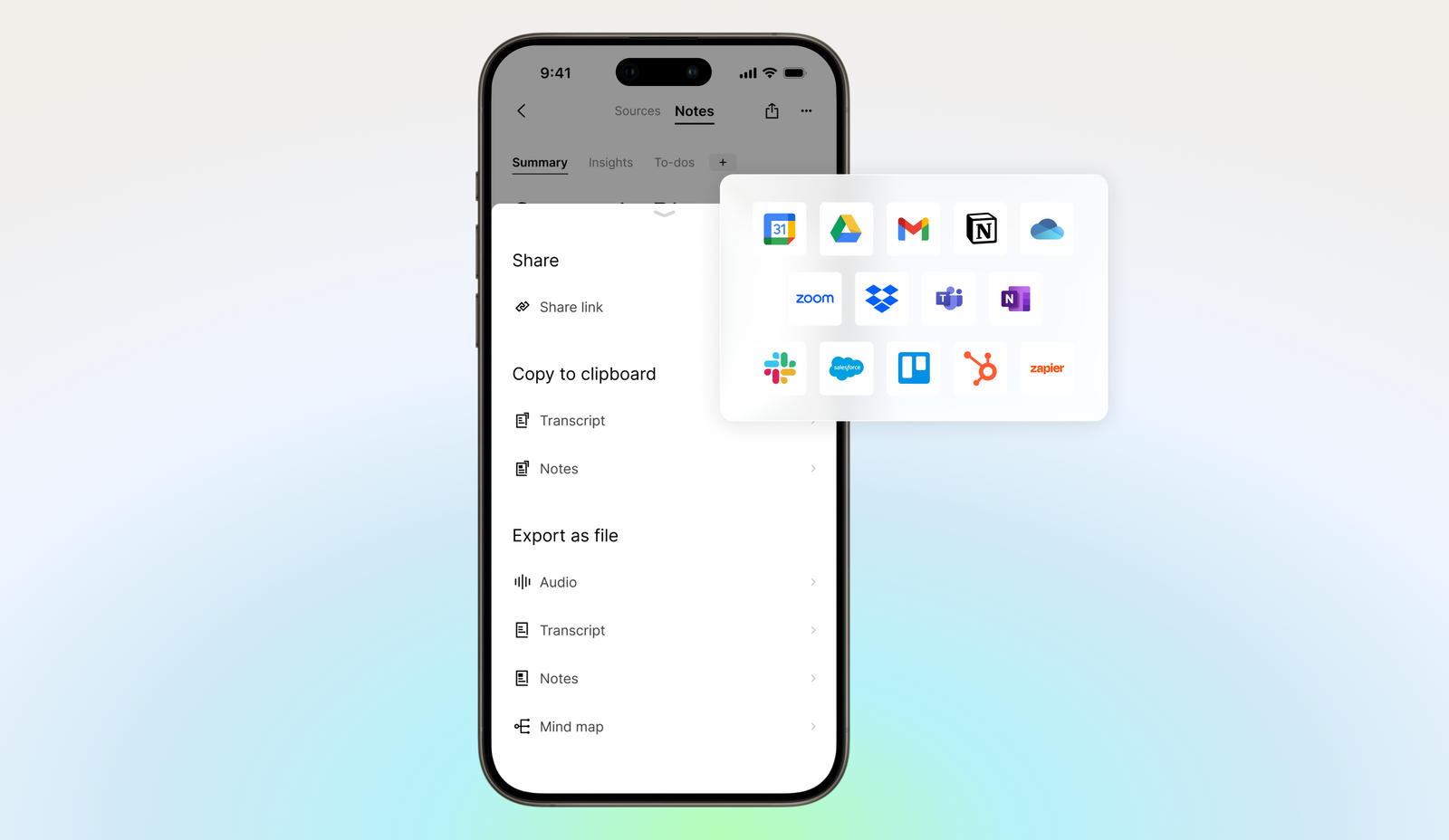 Plaud App interface showing export options and integrations with apps like Slack, Notion, Zoom, and Google Drive.