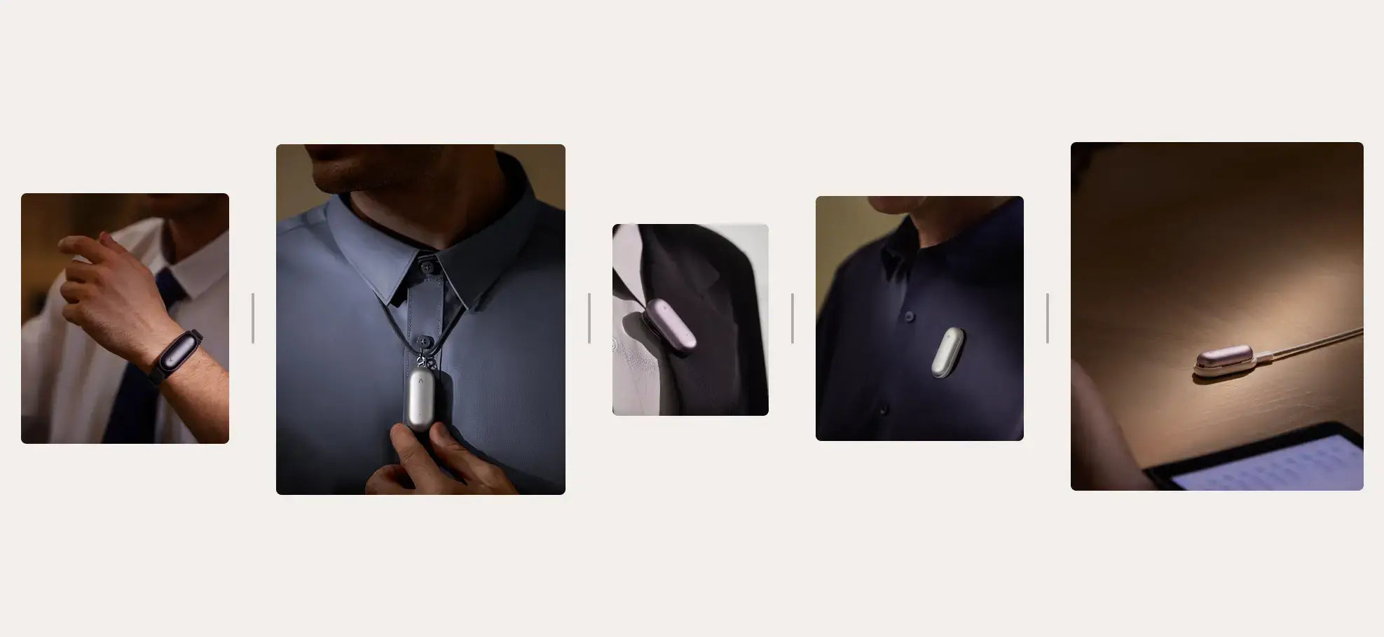 Silver Plaud NotePin shown worn as a wristband, necklace, and clip-on, plus charging on a desk.