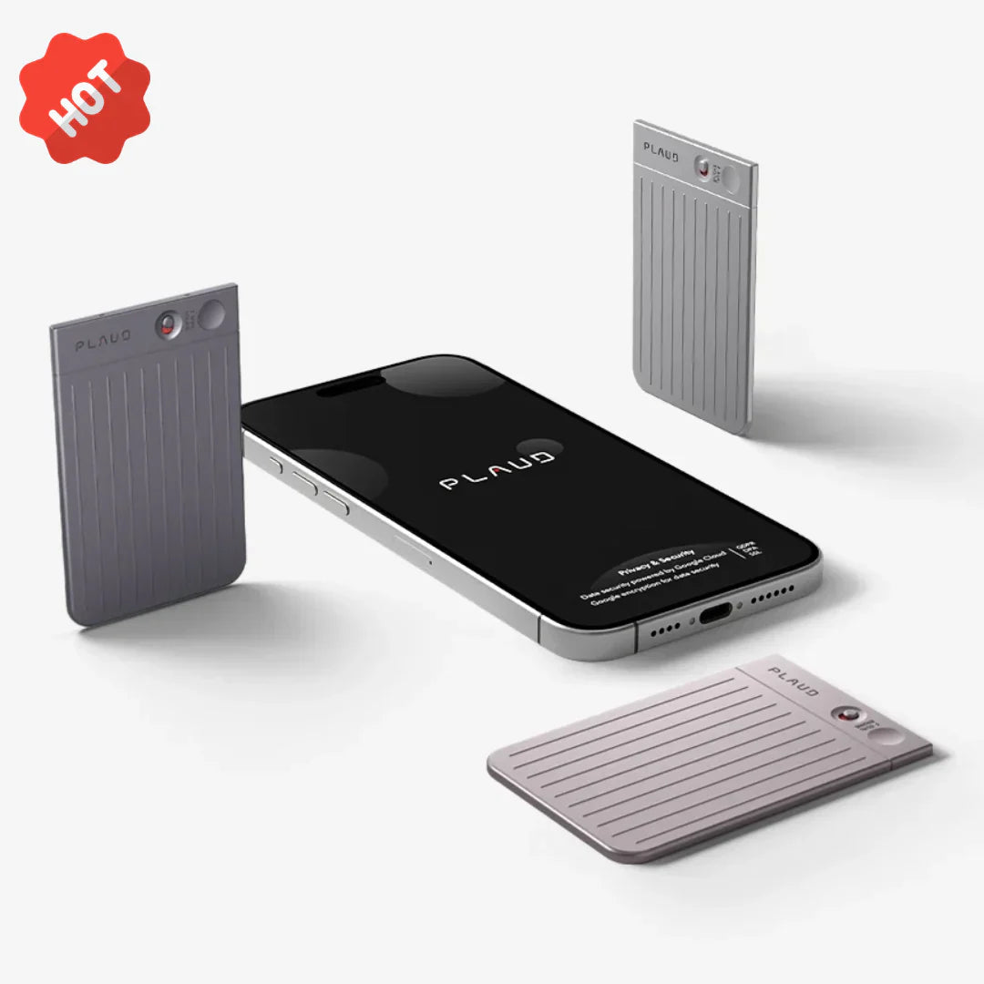 Three Plaud Note Pro AI recorders in silver and rose gold arranged around a smartphone showing the Plaud logo.