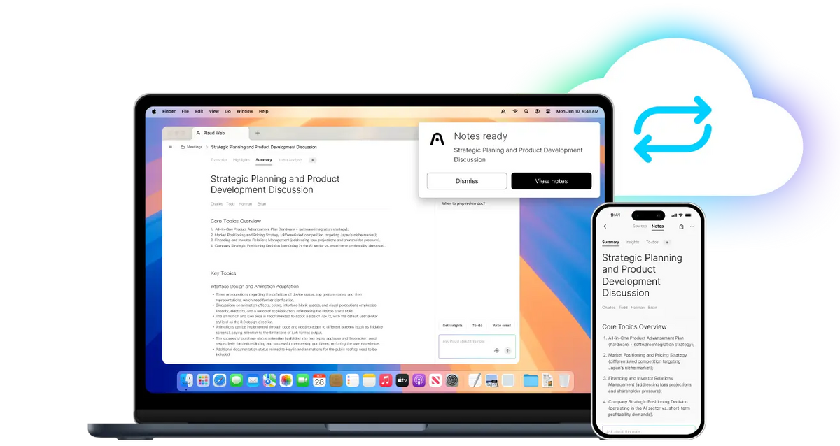 Plaud Web and Plaud App syncing meeting summaries across a laptop and smartphone via cloud.
