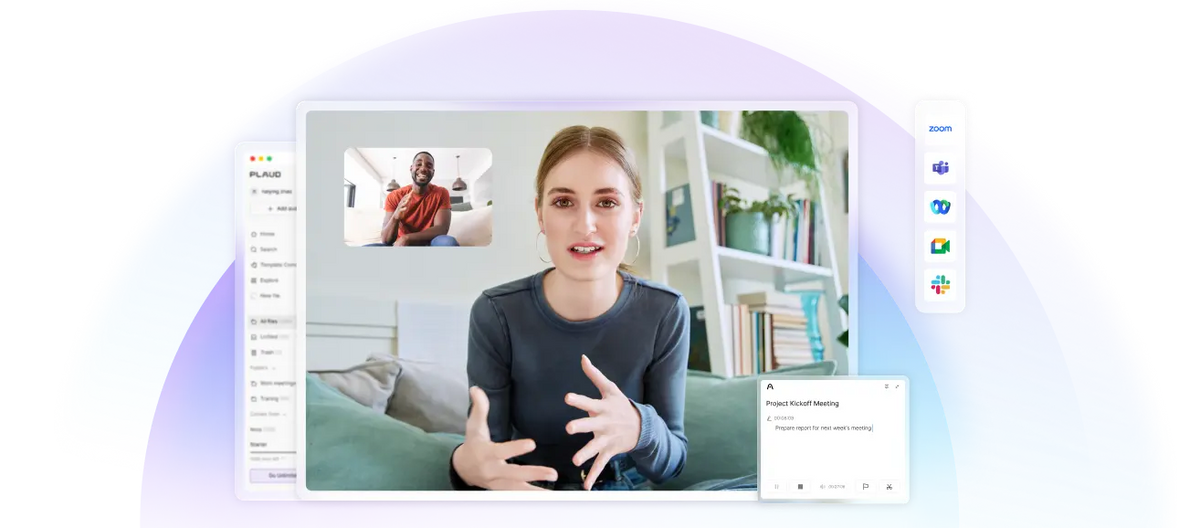 Plaud App interface capturing meeting notes during a video call with Zoom, Teams, and Google Meet integrations.