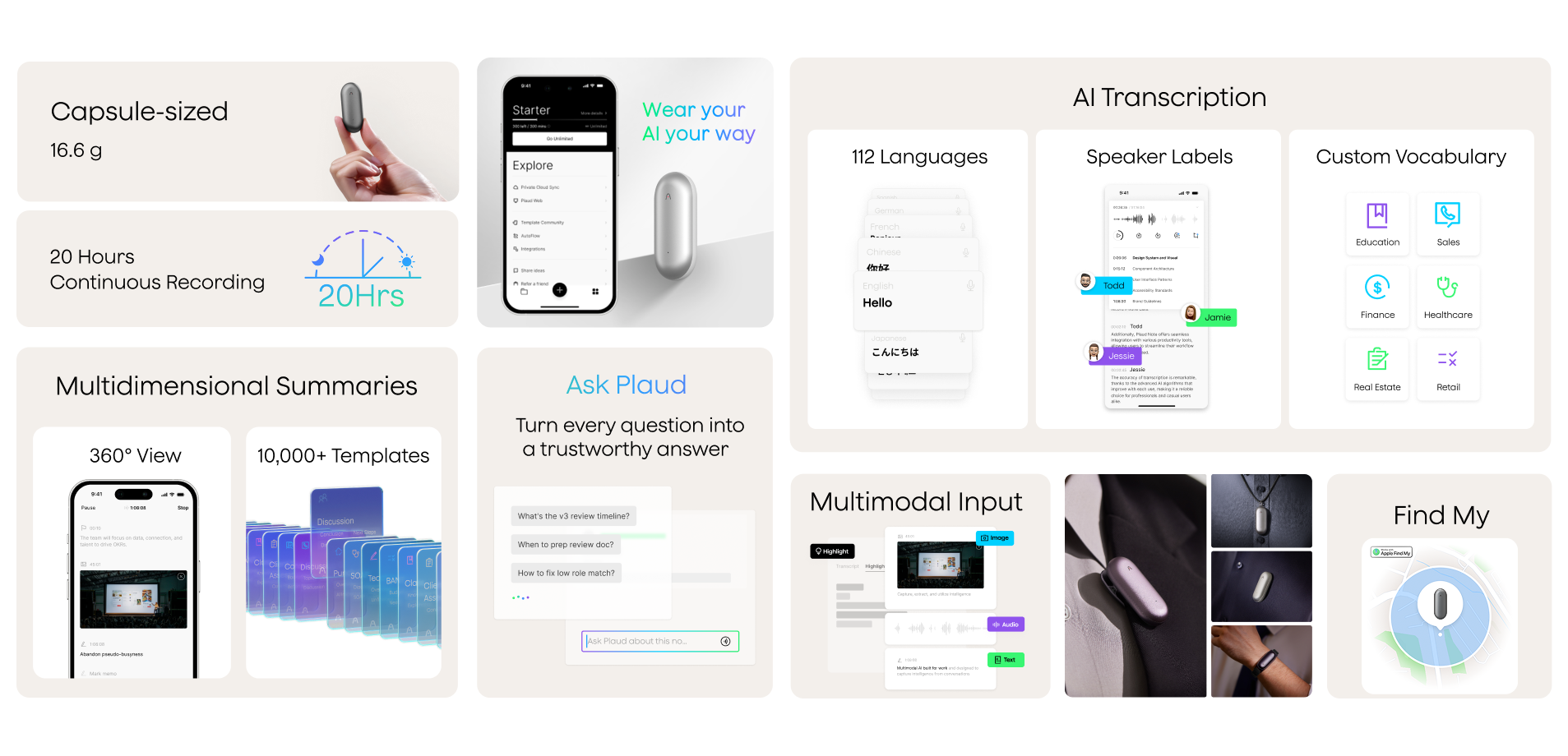 Plaud NotePin features: 20-hour recording, AI transcription, summaries, and versatile wearable options.