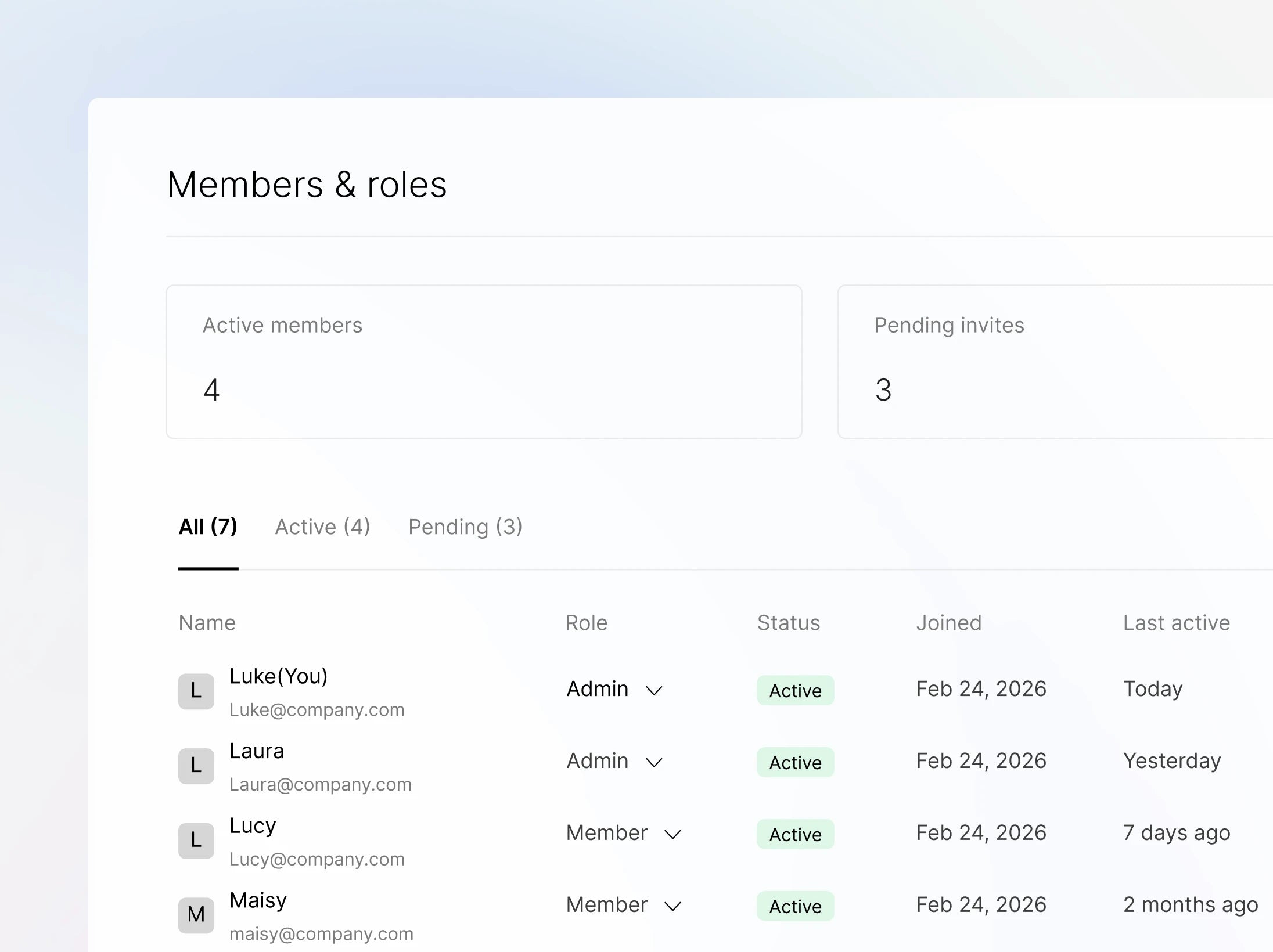 Plaud App interface for managing team members, roles, and pending invites.