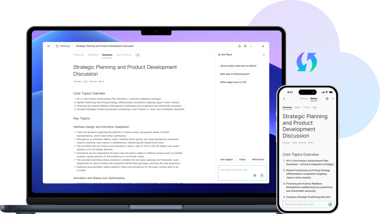 Plaud App on laptop and mobile showing meeting summaries and the Ask Plaud AI chat feature.