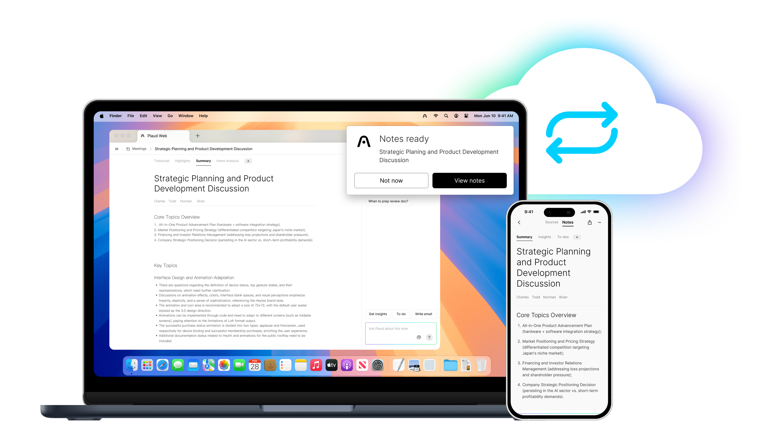Plaud Web and Plaud App syncing meeting summaries across a laptop and smartphone via the cloud.
