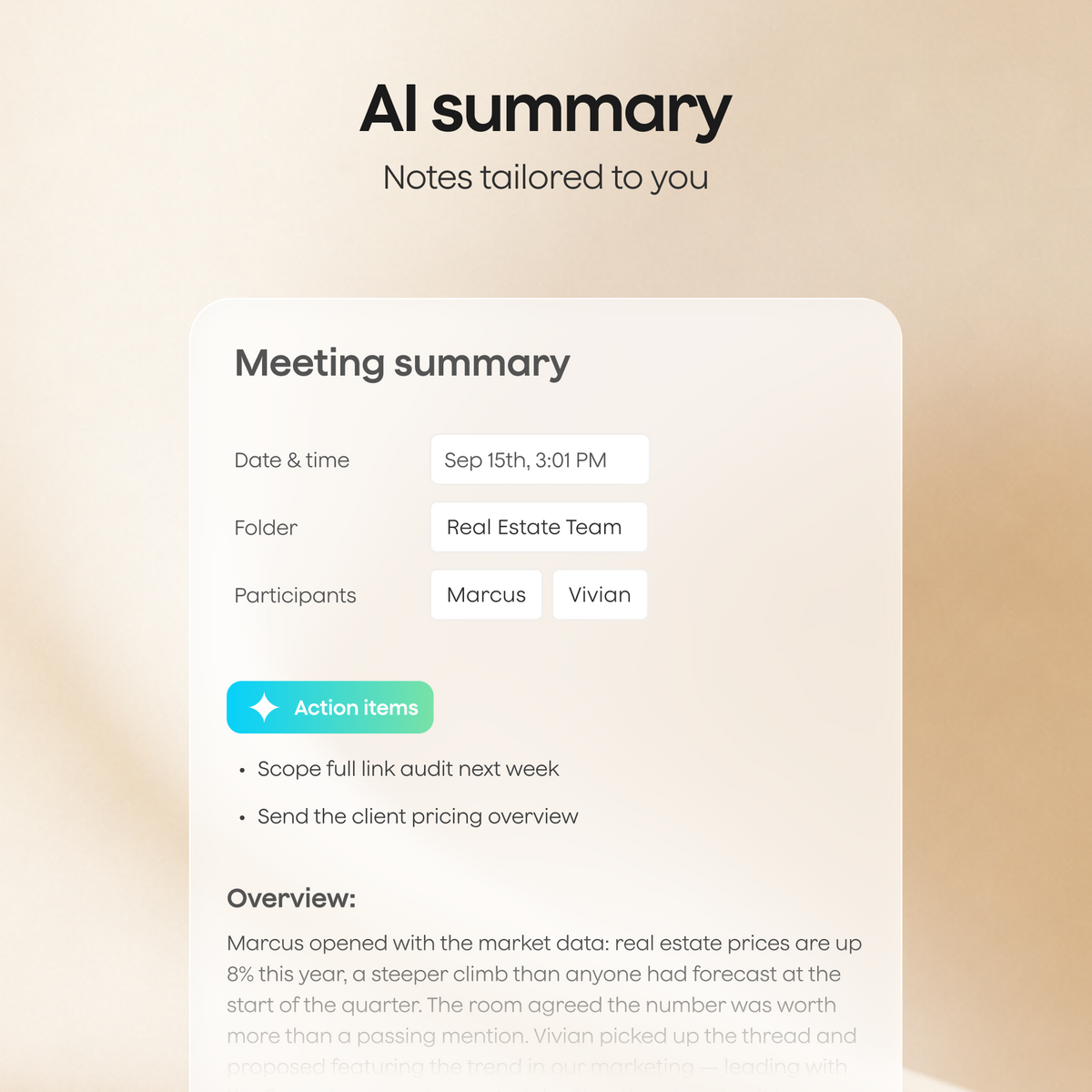 The Plaud App interface displays an AI summary for a real estate meeting, listing action items and a detailed overview.