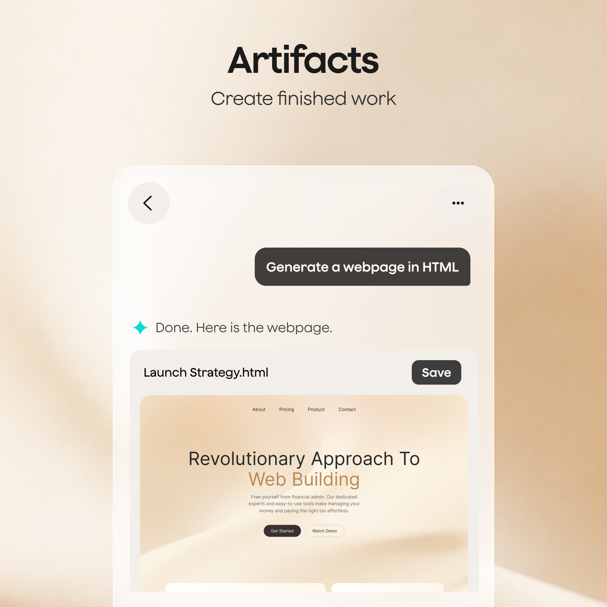 The Plaud App Artifacts interface shows a chat where the AI generates an HTML webpage titled Launch Strategy based on a user prompt.