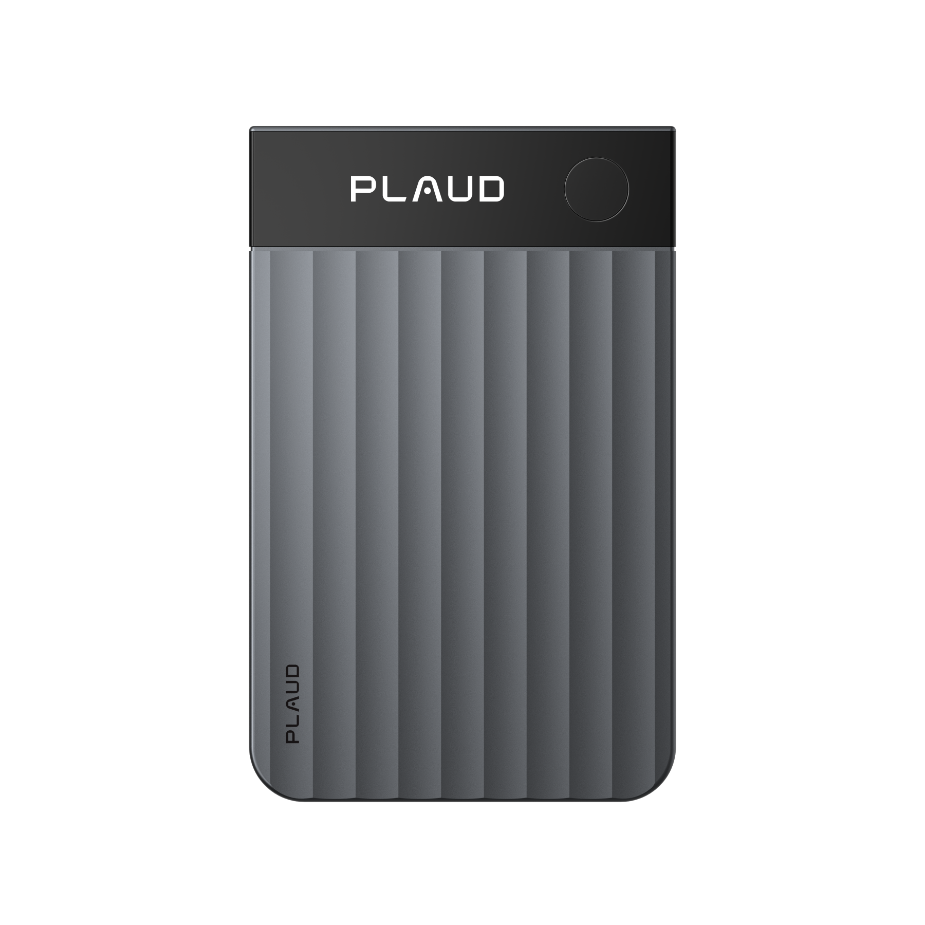 A dark grey Plaud Note Pro AI voice recorder features a black glass top strip and a body with broad vertical ridges.