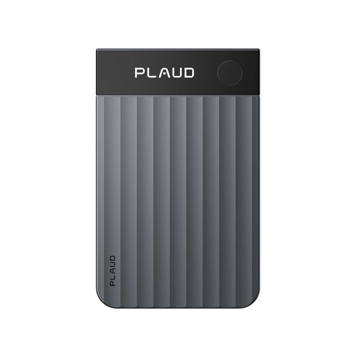 A dark grey Plaud Note Pro AI voice recorder features a black glass top strip and a body with broad vertical ridges.
