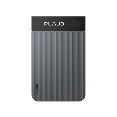A dark grey Plaud Note Pro AI voice recorder features a black glass top strip and a body with broad vertical ridges.