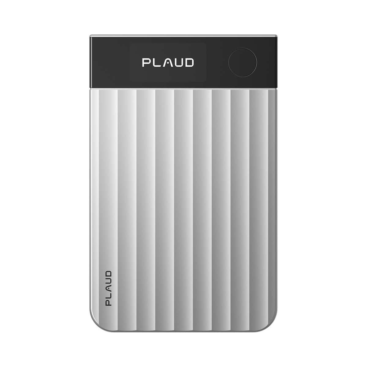 A silver Plaud Note Pro AI voice recorder features a black glass top strip with a round button and broad wavy vertical ridges.