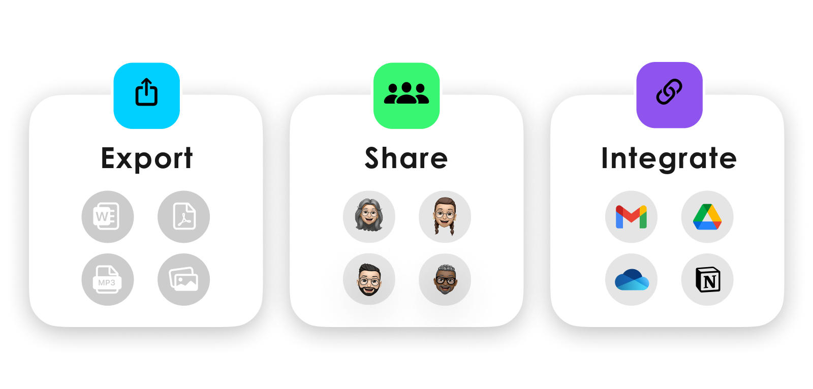 Plaud App features: Export to various formats, share with others, and integrate with Gmail, Drive, and Notion.