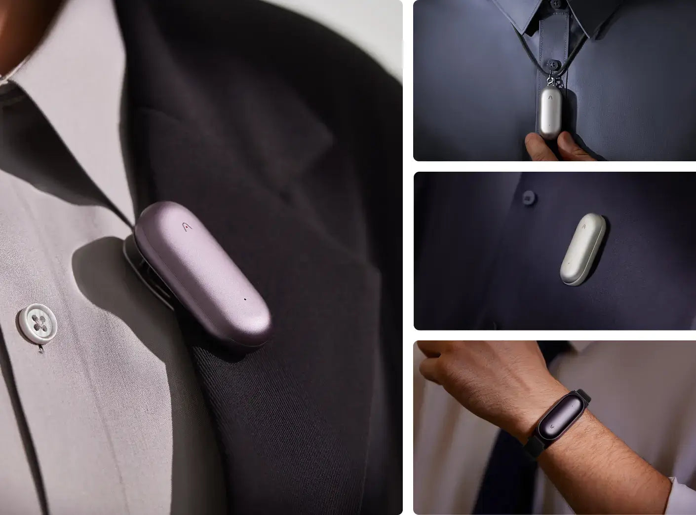 Plaud NotePin in purple, silver, and black worn on a lapel, as a necklace, clipped to a shirt, and on a wristband.